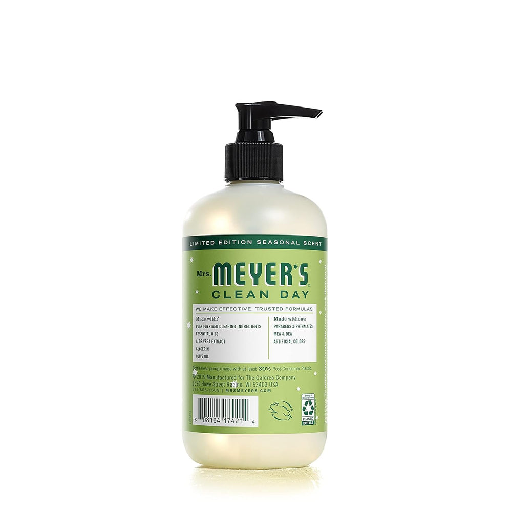 Mrs. Meyer’s Iowa Pine hand soap ingredients emphasize olive oil and aloe for gentle cleansing.