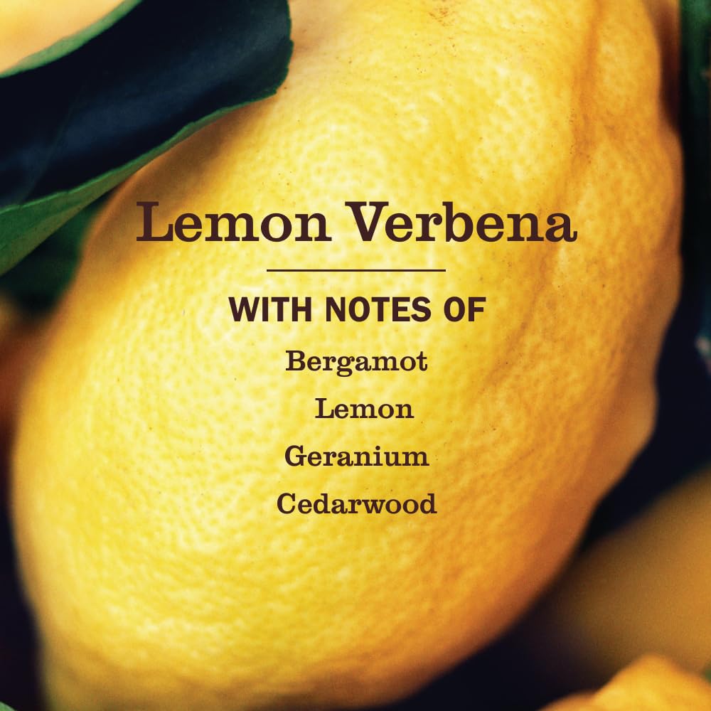 Close-up of Mrs. Meyer's lemon verbena label highlighting scent notes and ingredient claims