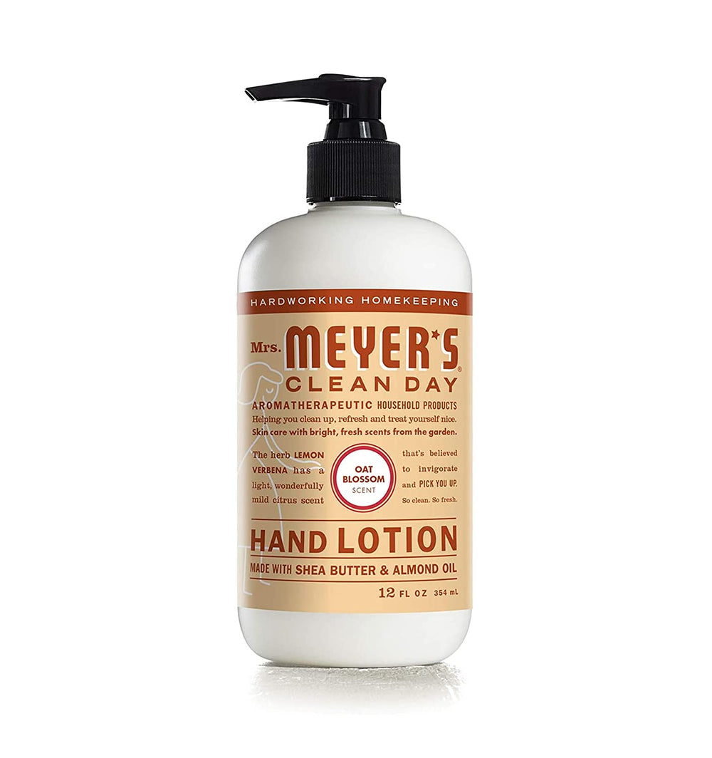 Mrs Meyer's Oat Blossom Hand Lotion packaging highlights sustainable design.