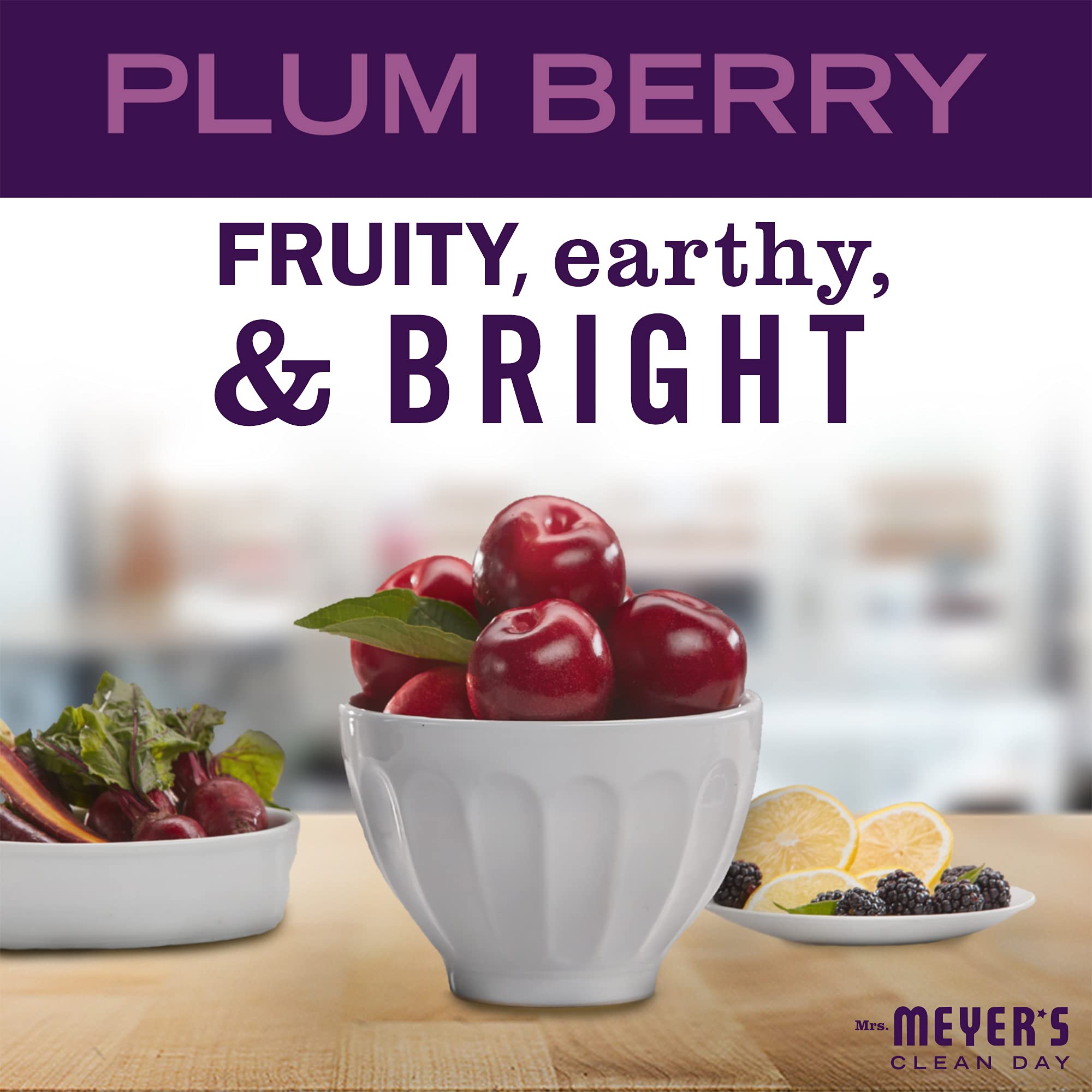 Mrs. Meyer's Plum Berry label closeup highlights cruelty-free, plant-based formula