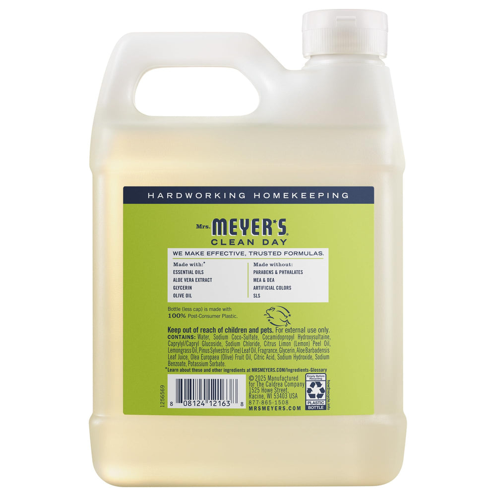 Mrs. Meyer's refill pouring into a 12 oz pump bottle showing easy transfer and reduced waste