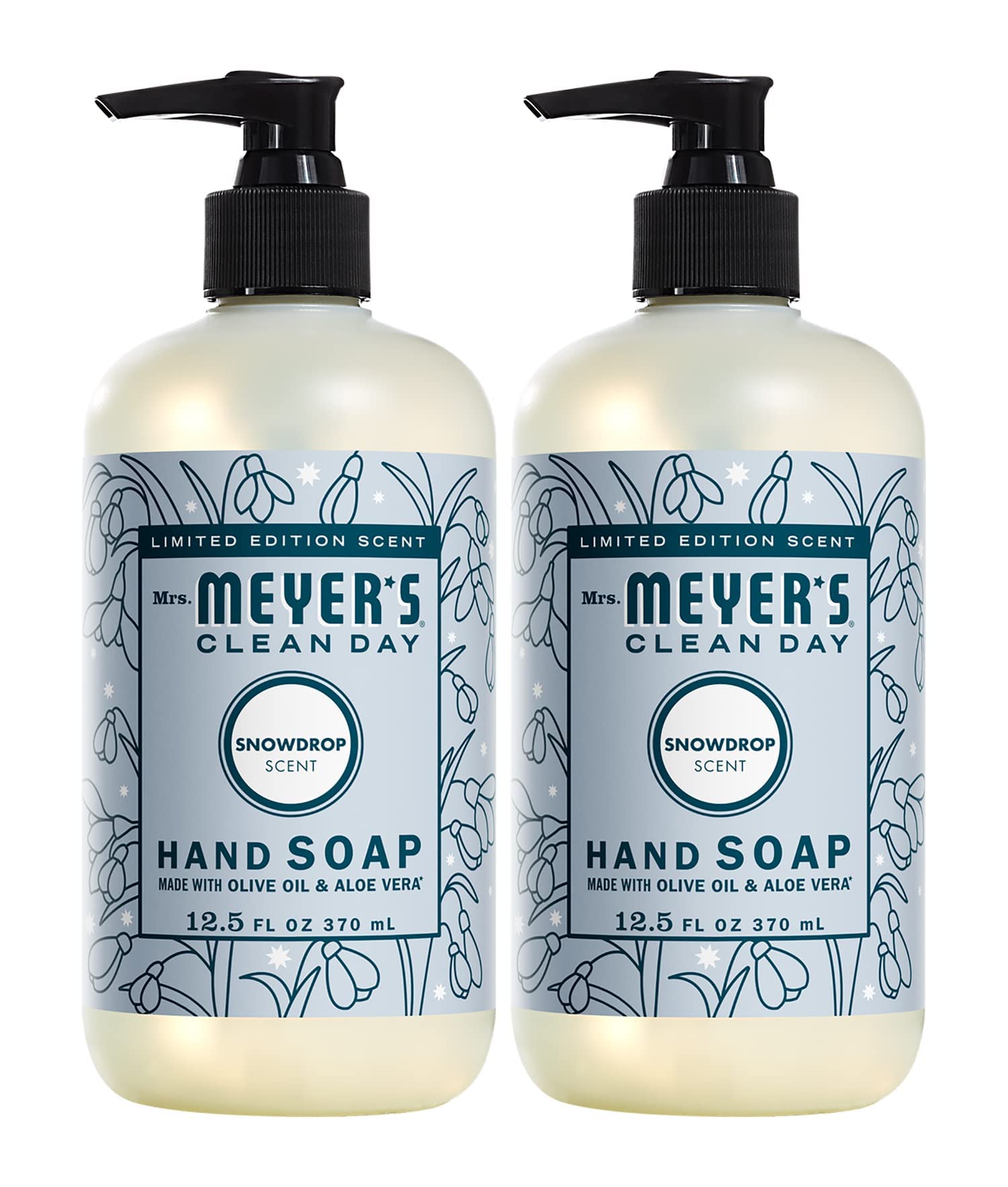 Mrs. Meyer's Snow Drop liquid hand soap bottle front, seasonal freshness for kitchen and bath.