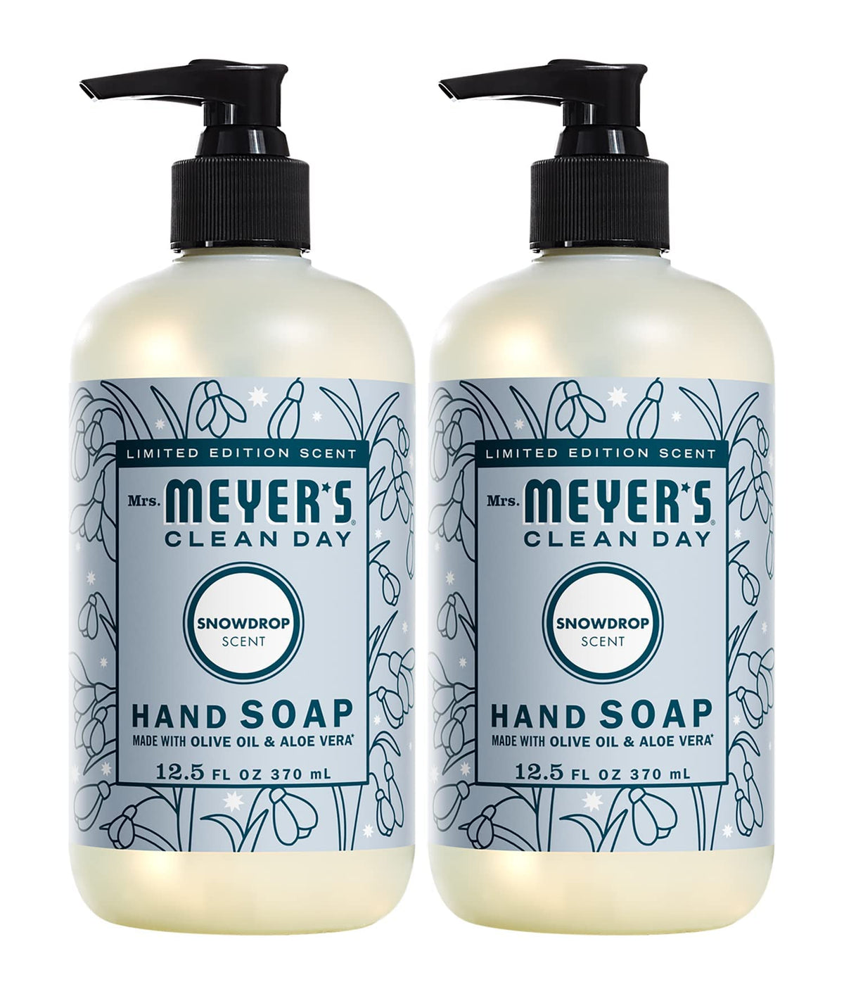 Mrs. Meyer's Snow Drop liquid hand soap bottle front, seasonal freshness for kitchen and bath.