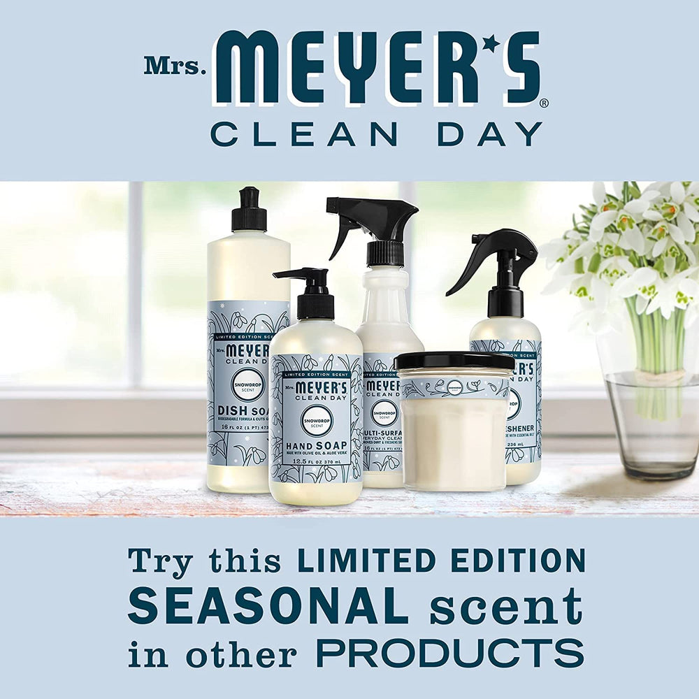 Mrs. Meyer's Snow Drop usage spaces, kitchen or bathroom setup with seasonal scent.