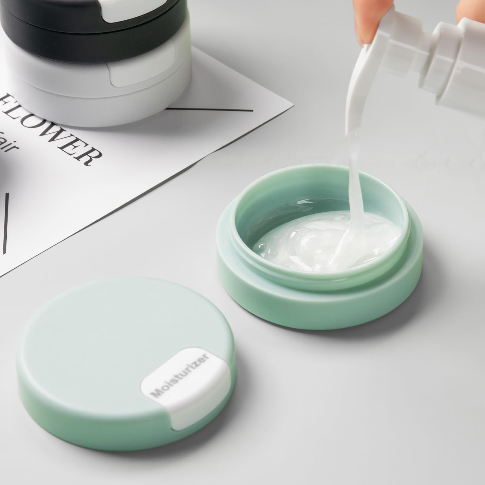Mrsdry color-coded containers to identify lotions, shampoos, and creams at a glance