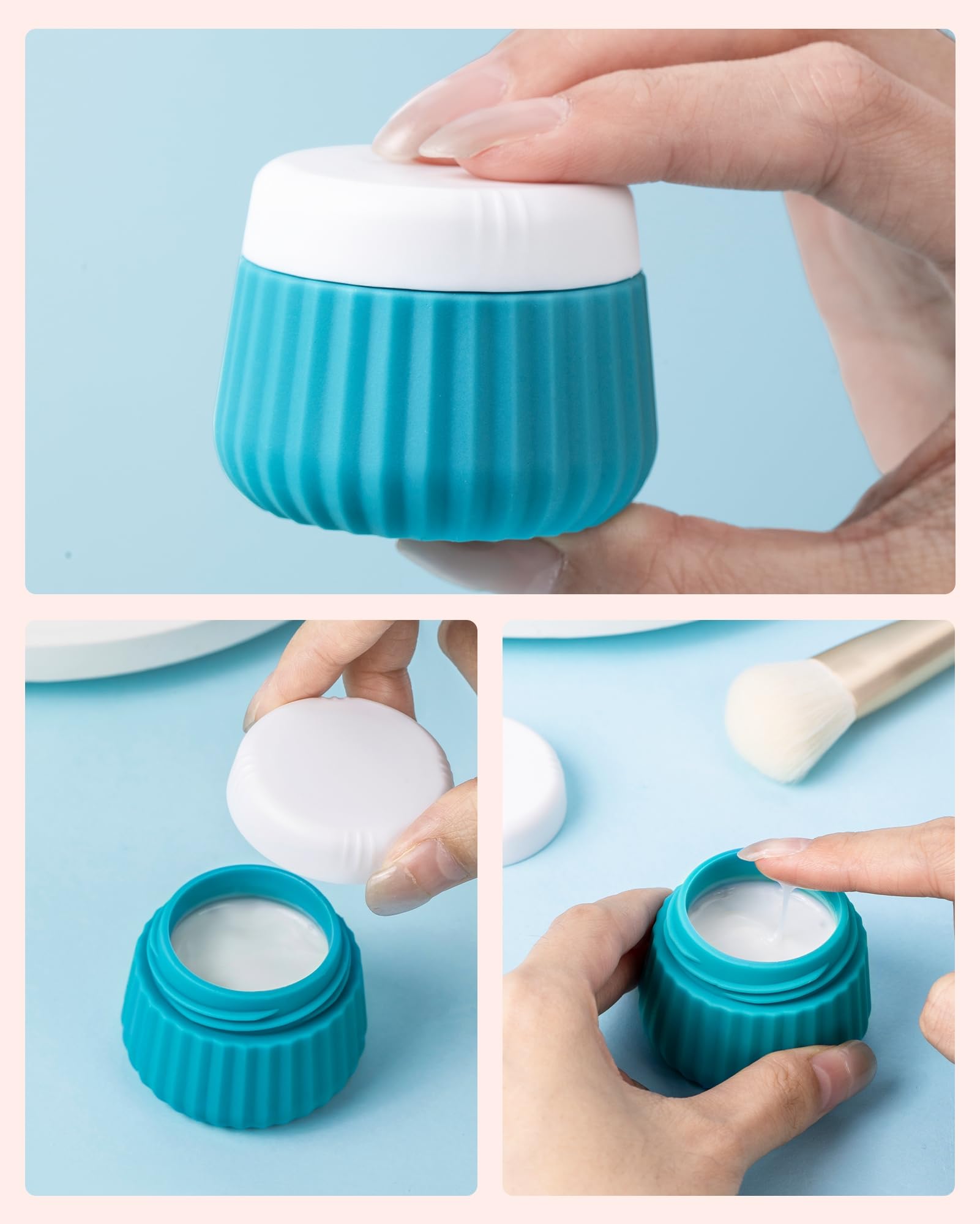 Mrsdry silicone cream jar closeup, leak-resistant design for mess-free luggage.