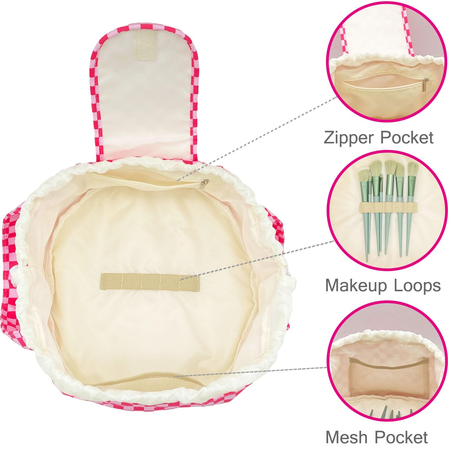 Mrsfox barrel-style makeup bag open interior provides quick access to skincare essentials.