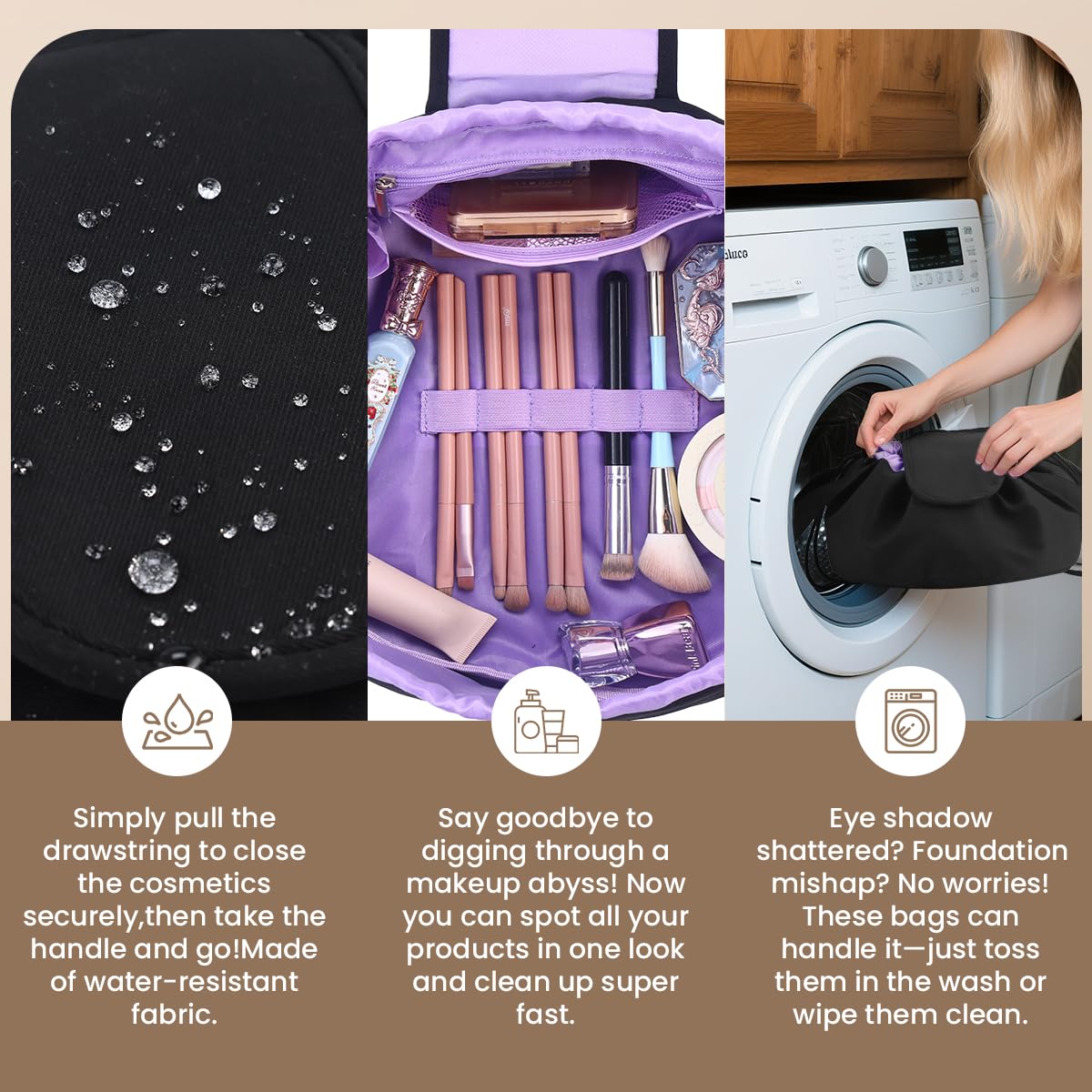 Mrsfox inner mesh pockets organize brushes and utensils for quick retrieval.