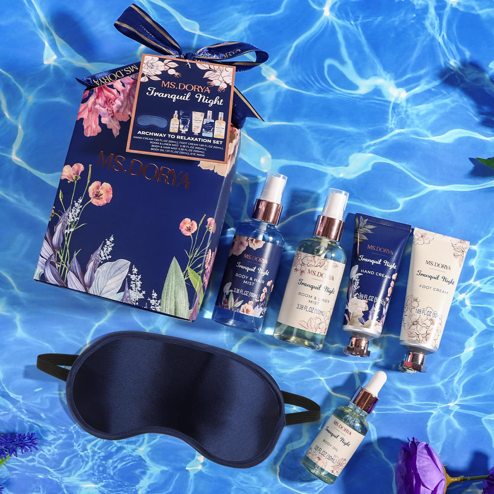 MS.DORYA self-care-routine kit in a cozy bedroom scene.