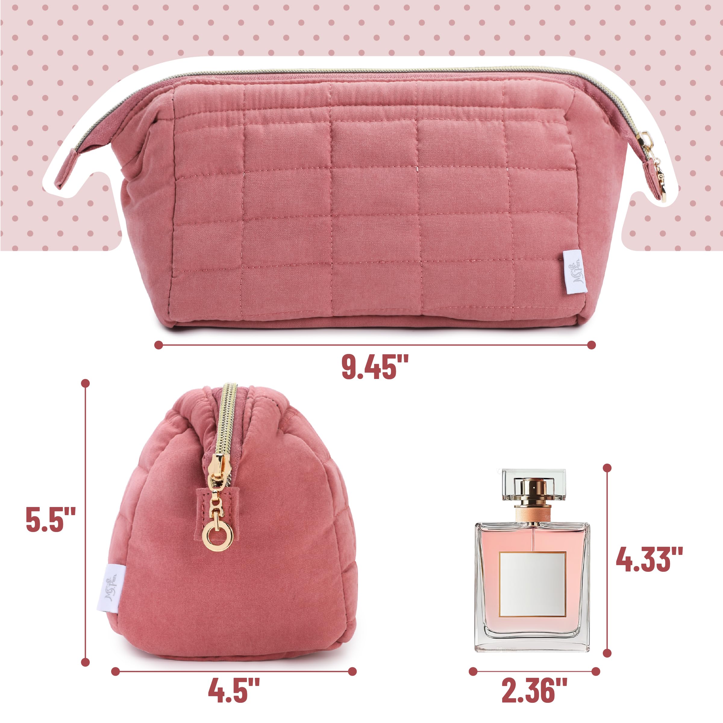Ms. Pen aesthetic quilted makeup bag side view in muted rose for compact travel companion.