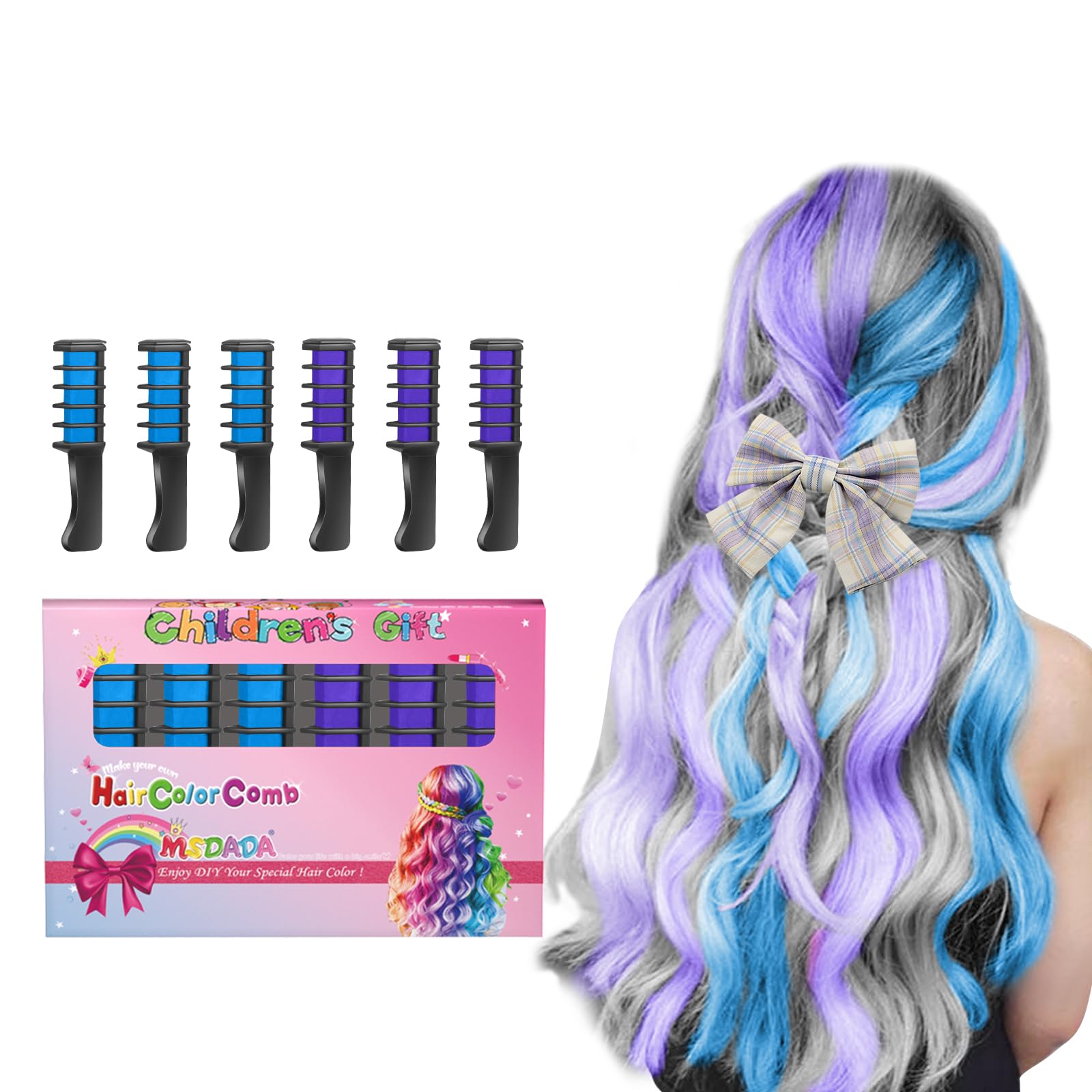 MSDADA Hair Chalk Comb front view shows vibrant blue and purple ideas for kids.