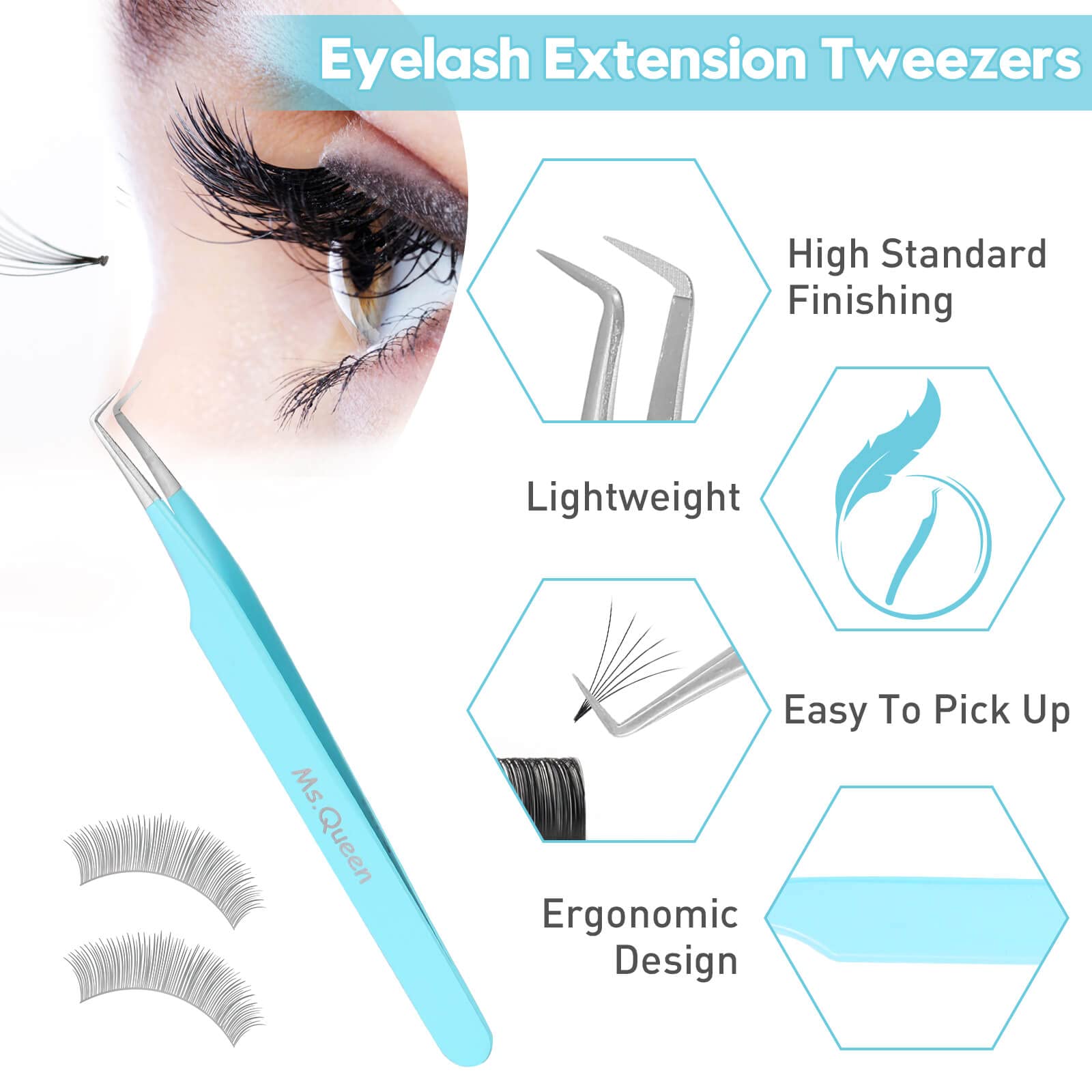 Ms.Queen lash tweezers ergonomic lightweight design to reduce fatigue during long sessions.