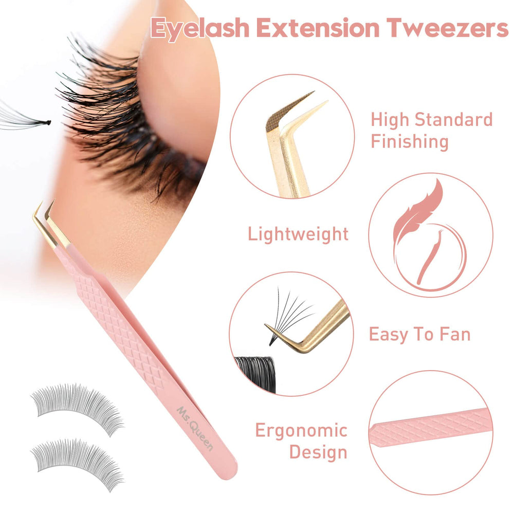 Ms.Queen lash tweezers for isolation and fans enable clean volume extensions.