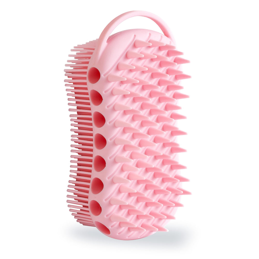 MtBoi double-sided silicone body scrubber in pink enables daily exfoliation.