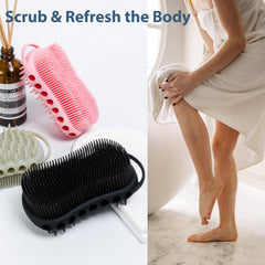 MtBoi shampoo brush pink demonstrates detangling and scalp stimulation.