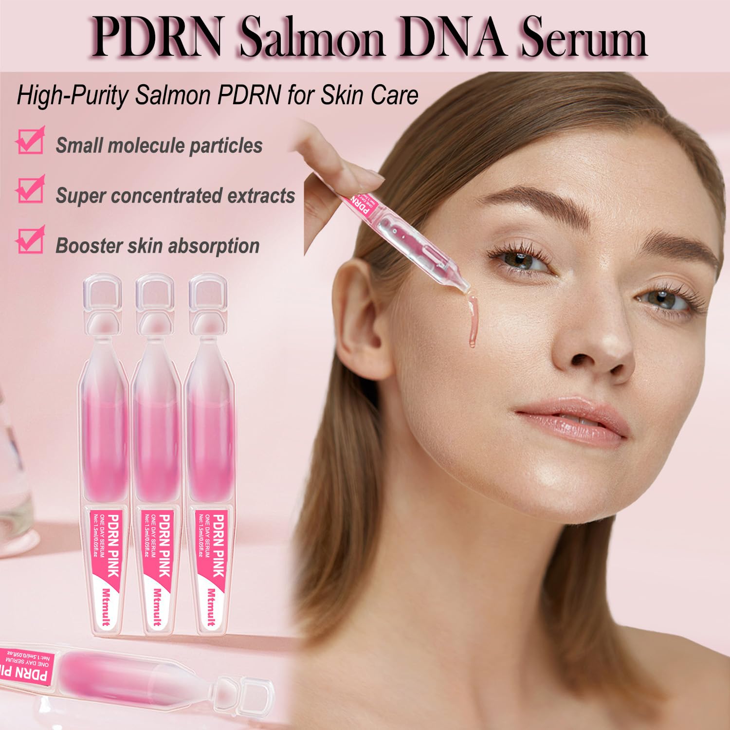 MTMULT Salmon PDRN Serum ingredients display highlighting glutathione and hyaluronic acid.