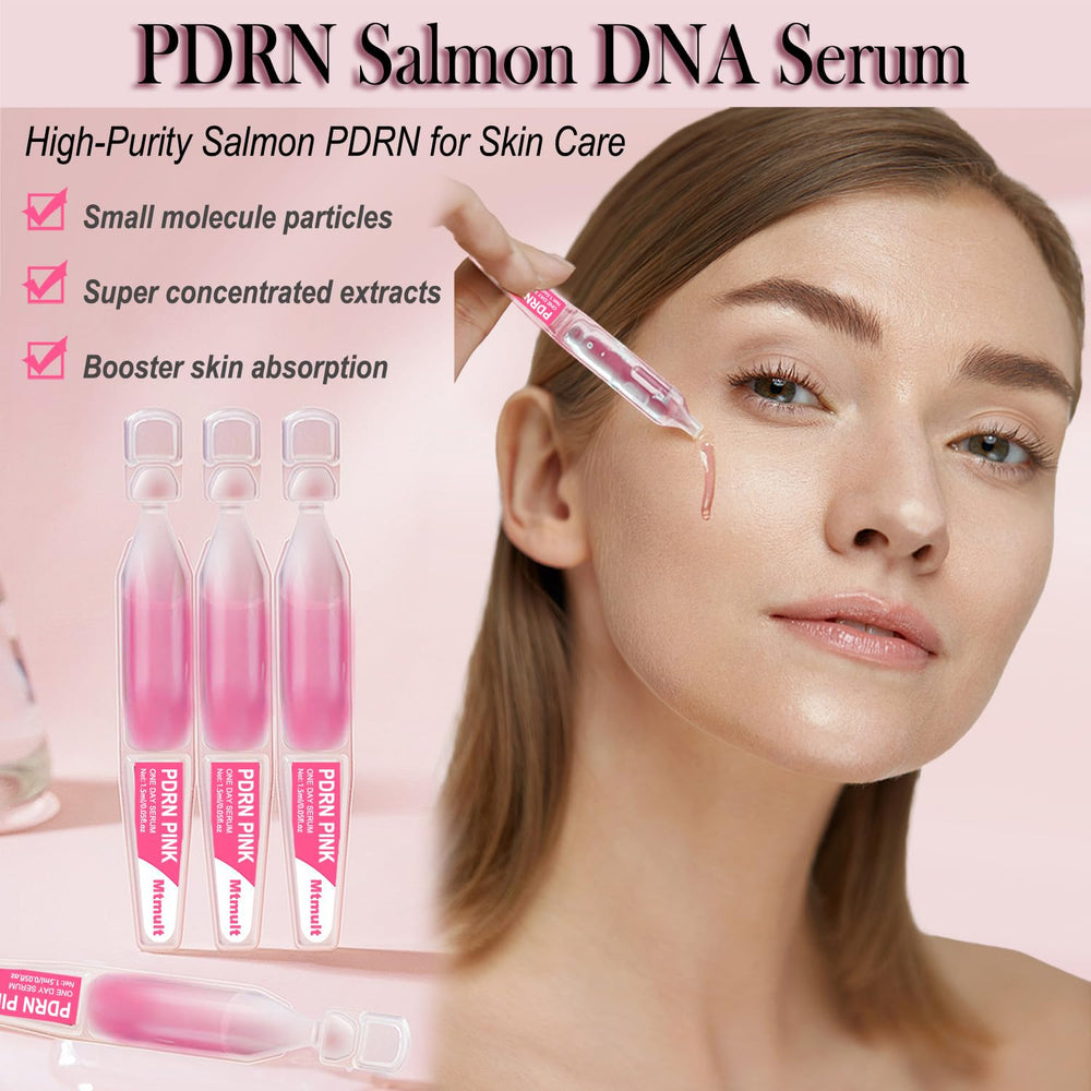 MTMULT Salmon PDRN Serum ingredients display highlighting glutathione and hyaluronic acid.