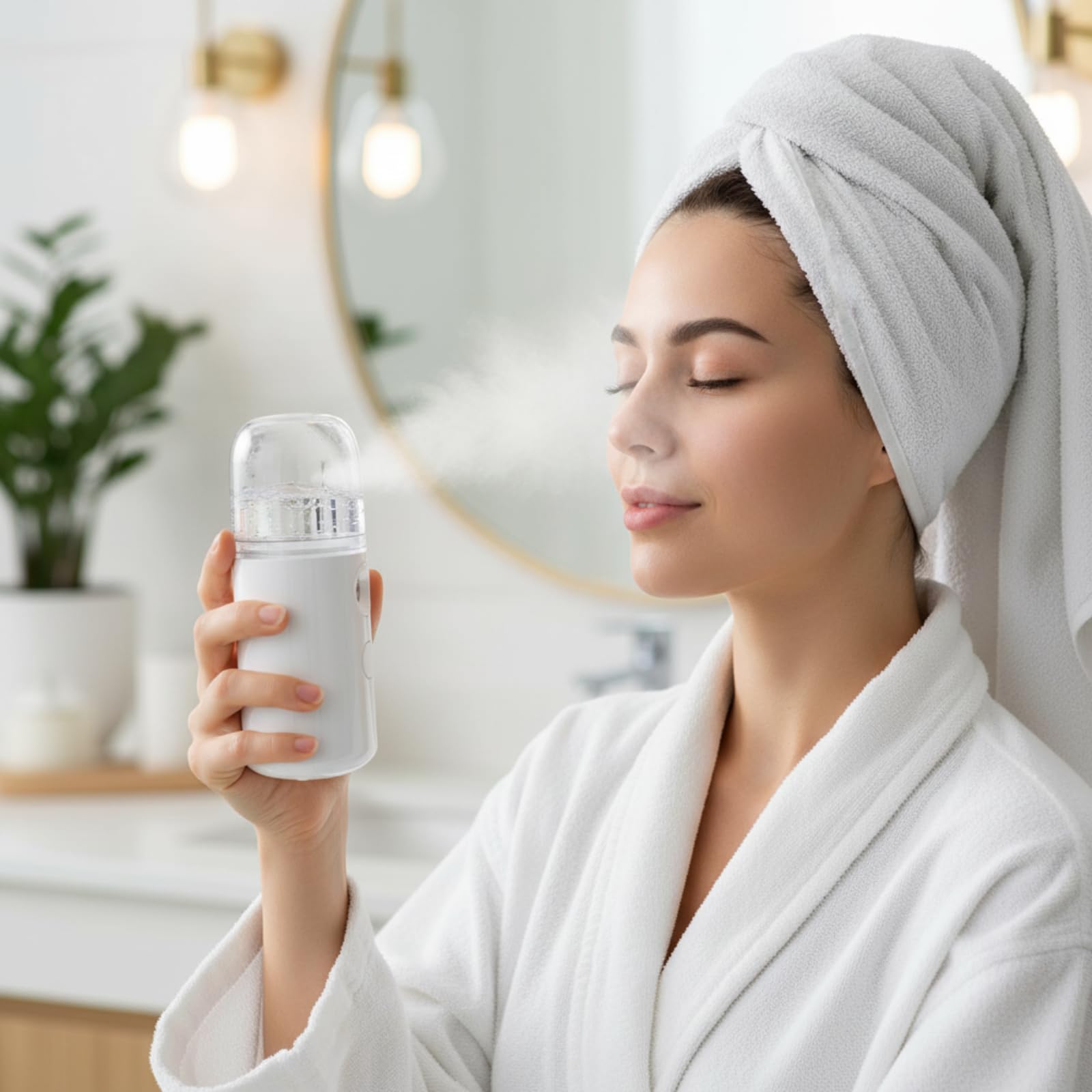 Mudder nano facial mister in-use on the face delivering cooling mist