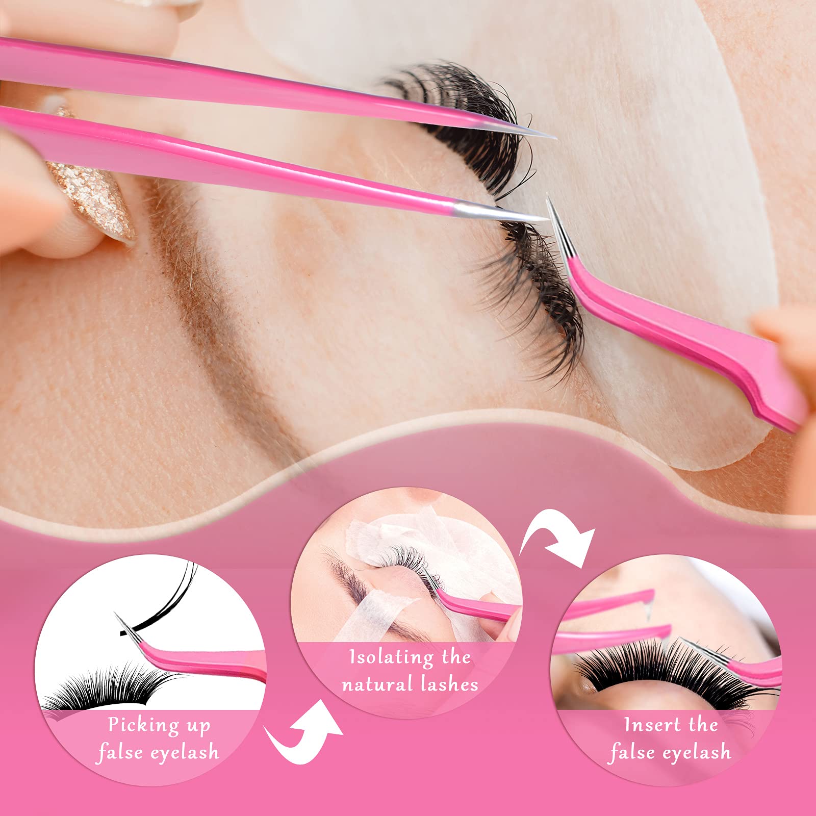 Pinzas curvas Mudder para aislar pestañas naturales con control.