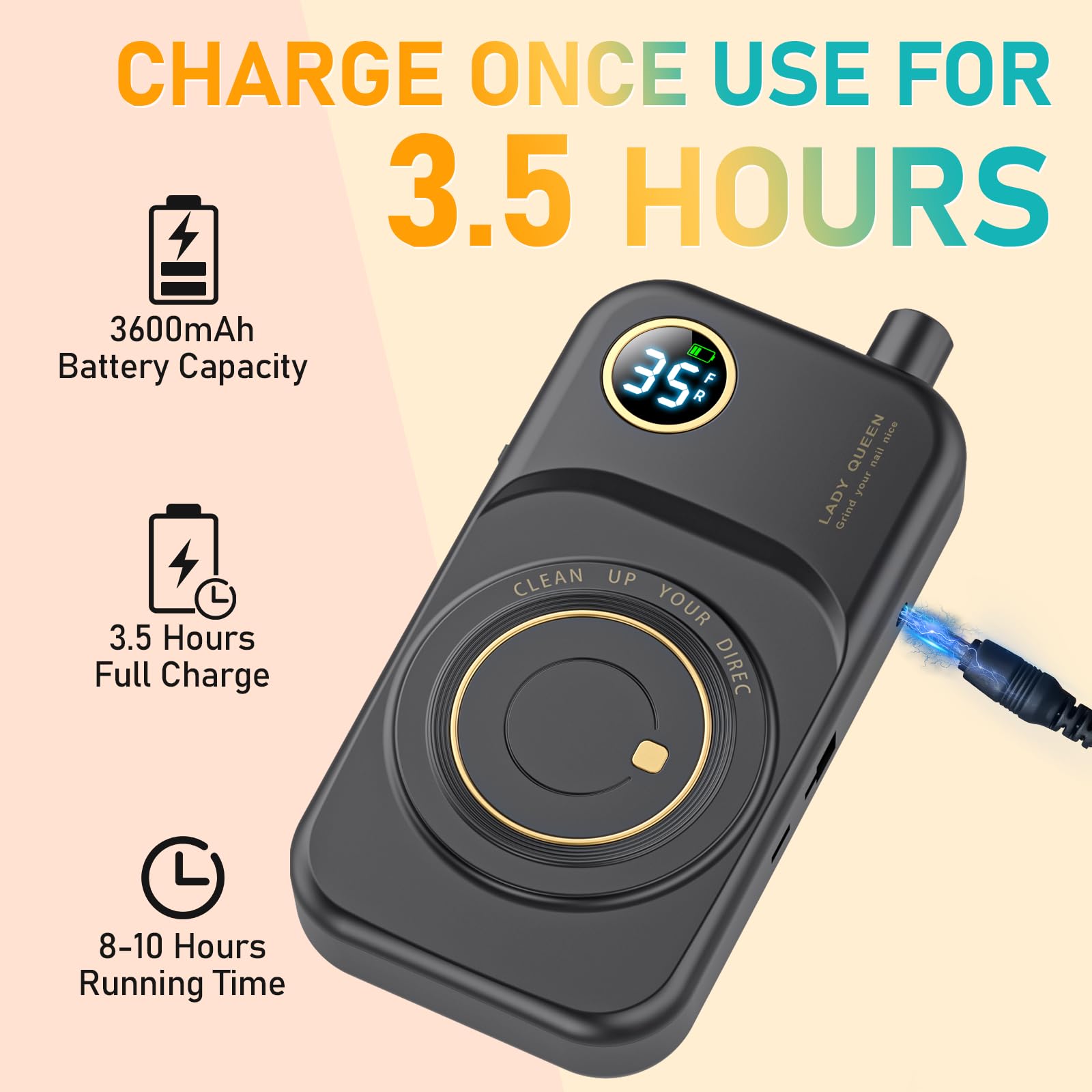 mugle cordless battery display shows remaining power for planned sessions.