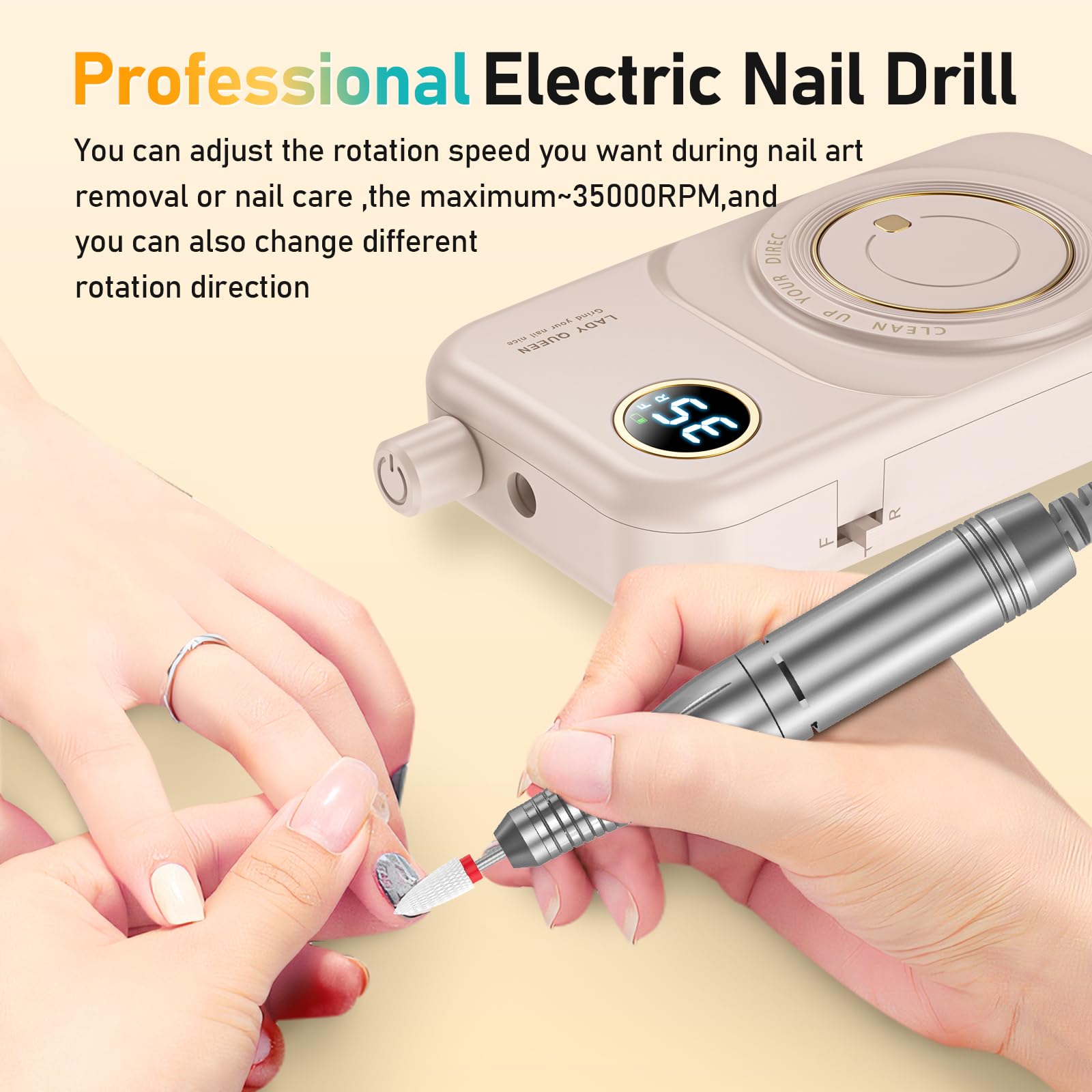 mUGLE-nail-drill-front-display shows speed and battery at a glance