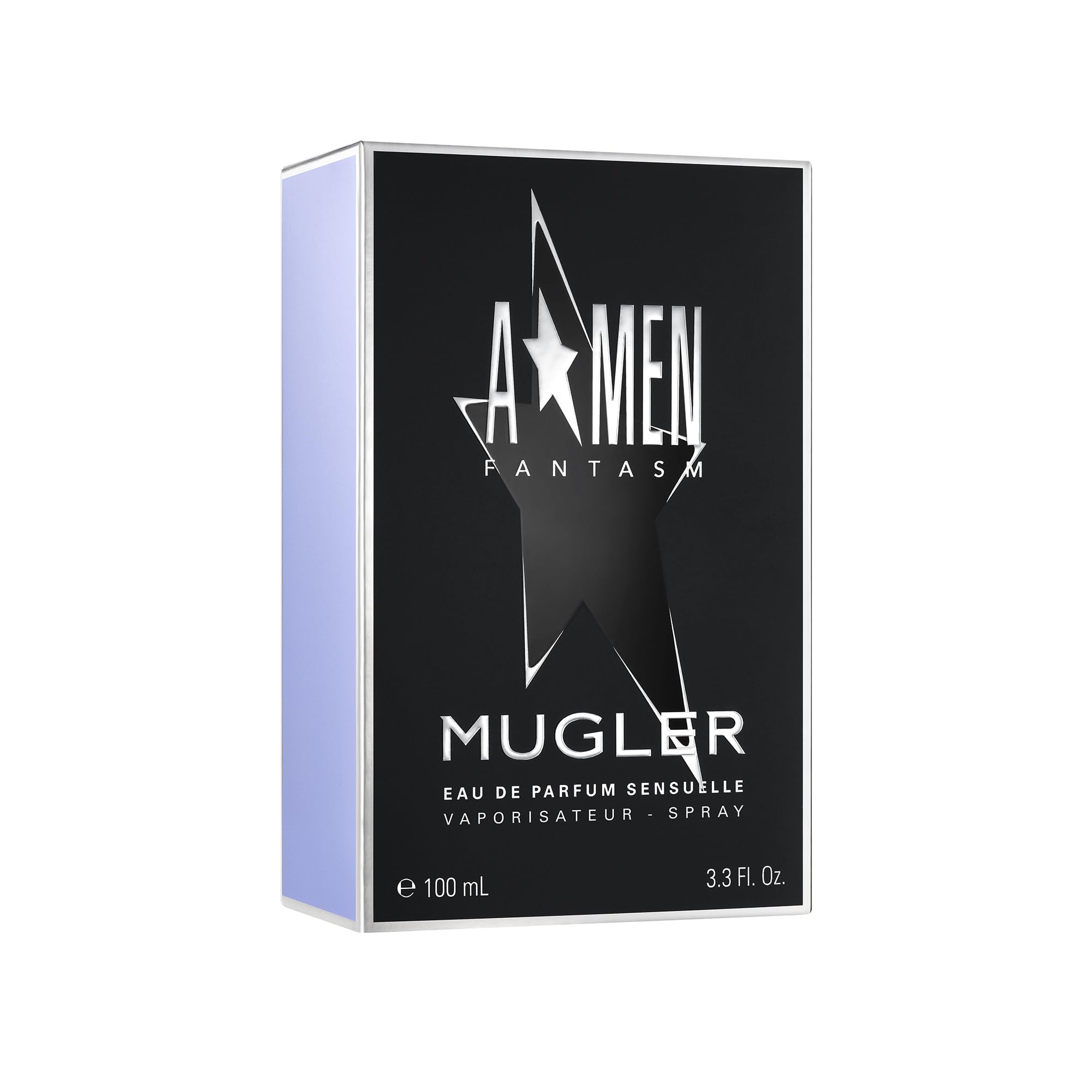 Mugler A*Men Fantasm packaging display highlights sleek rubber flask and premium presentation.