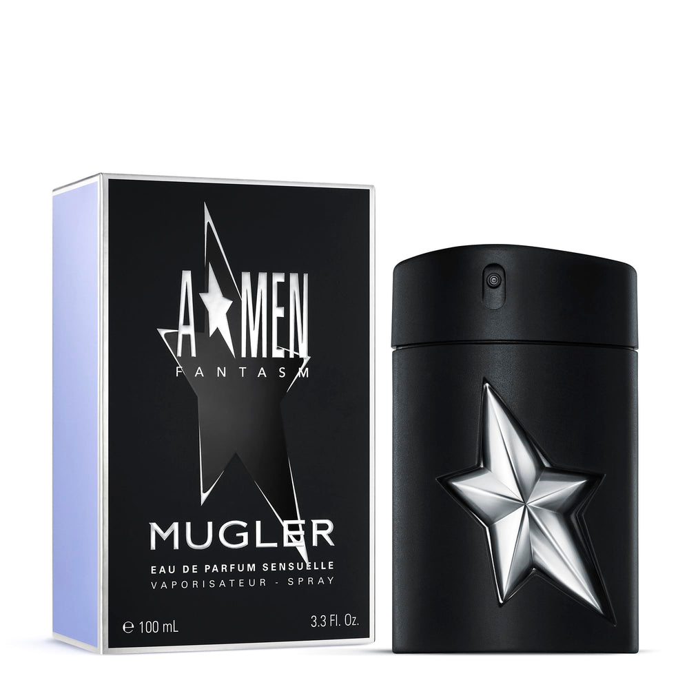 Mugler A*Men Fantasm patchouli depth showcased on label for mature, refined scent notes.