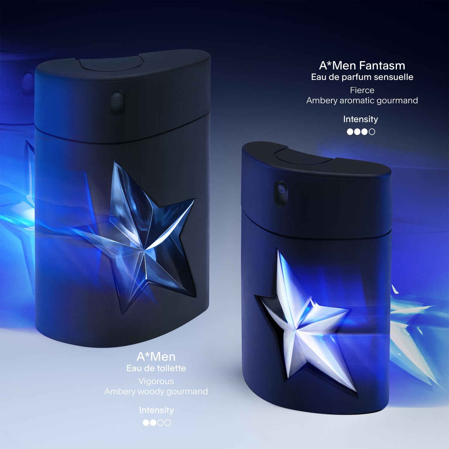 Mugler A*Men Fantasm vanilla warmth appears through bottle glow for cozy evenings.