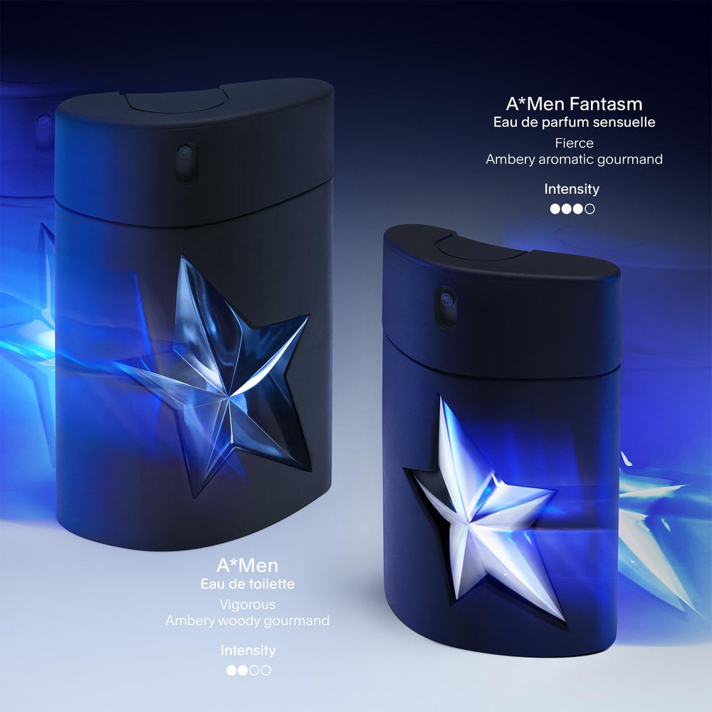 Mugler A*Men Fantasm vanilla warmth appears through bottle glow for cozy evenings.