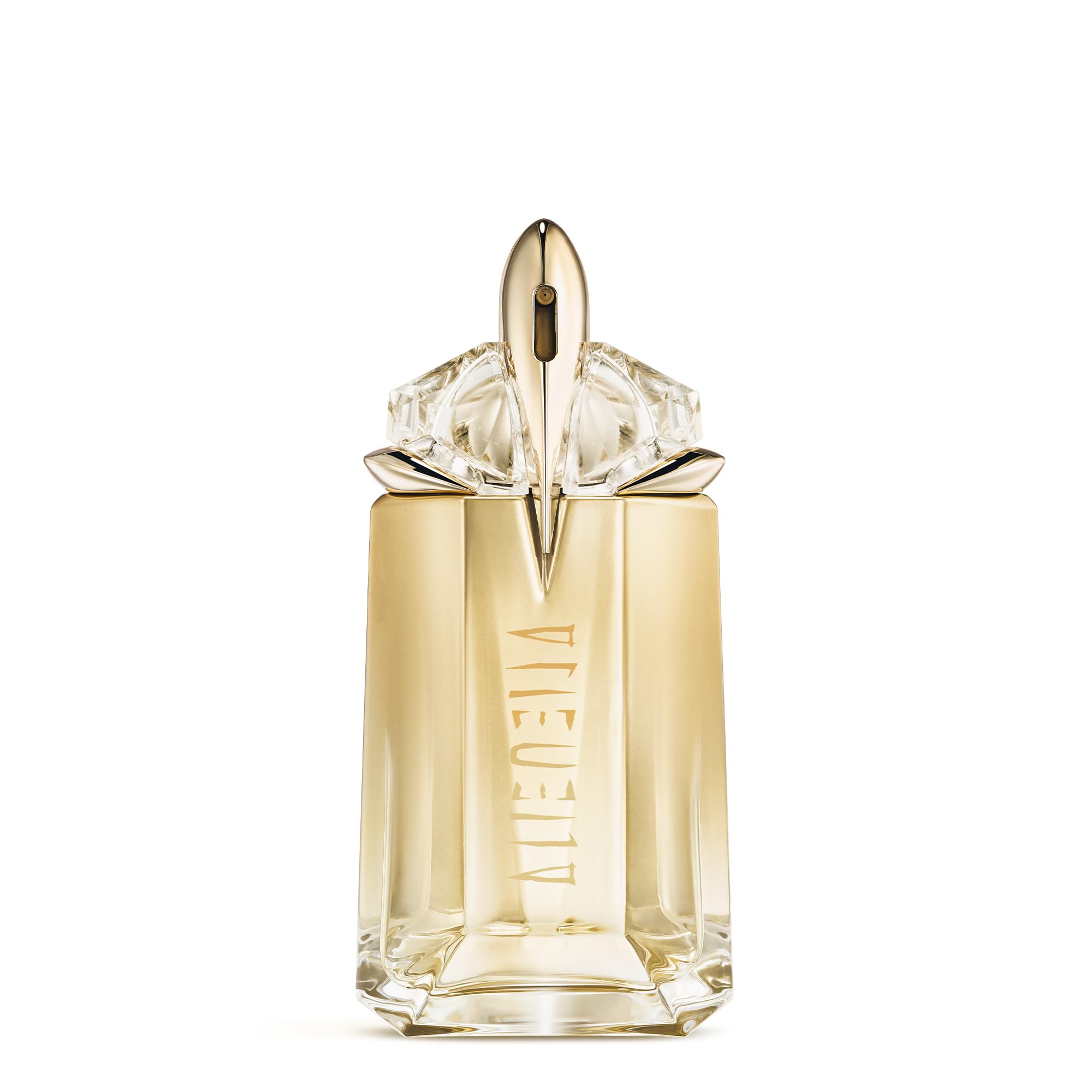 Mugler Alien Goddess bottle close-up highlights radiant design for everyday luxury.