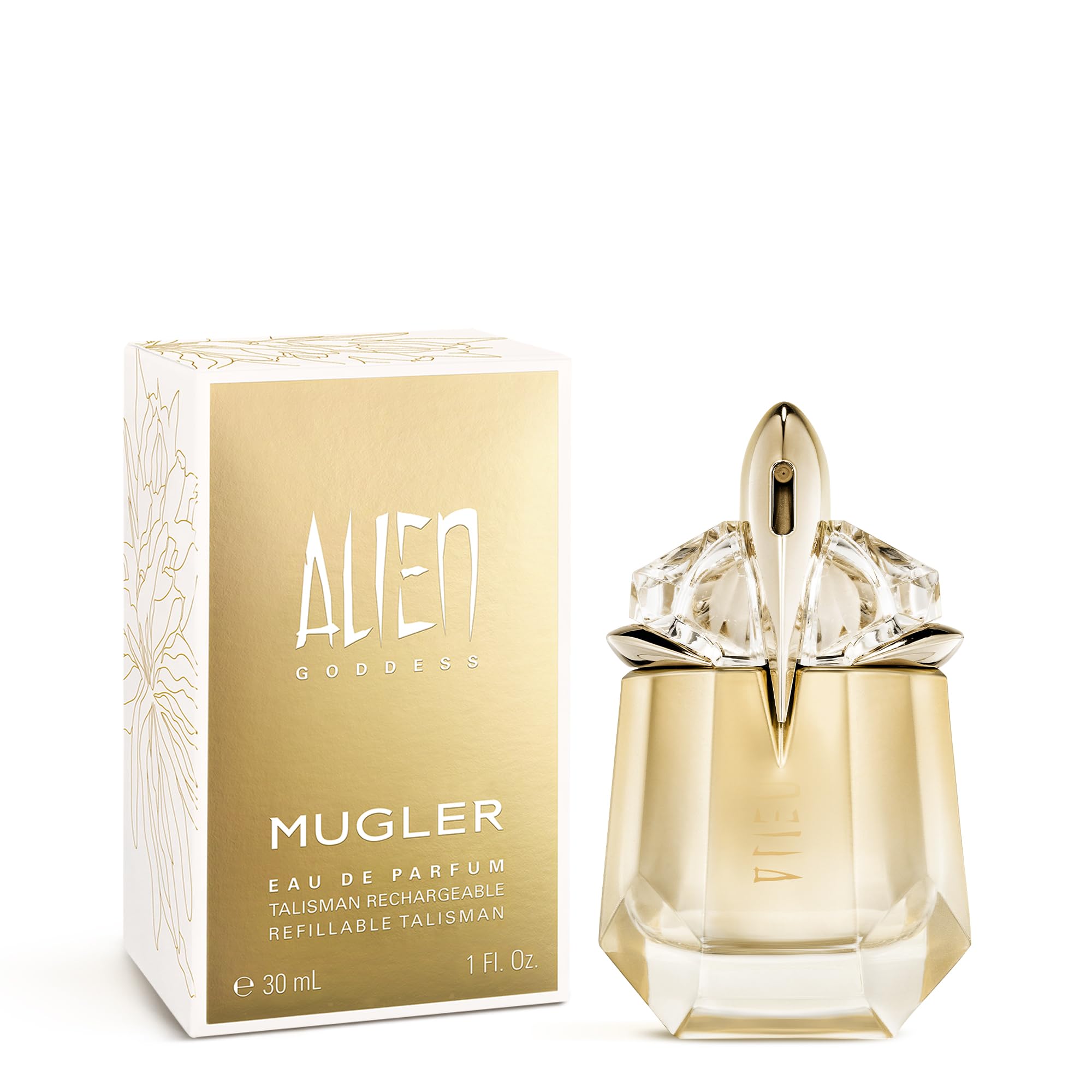 Mugler Alien Goddess EDP packaging closeup with elegant typography