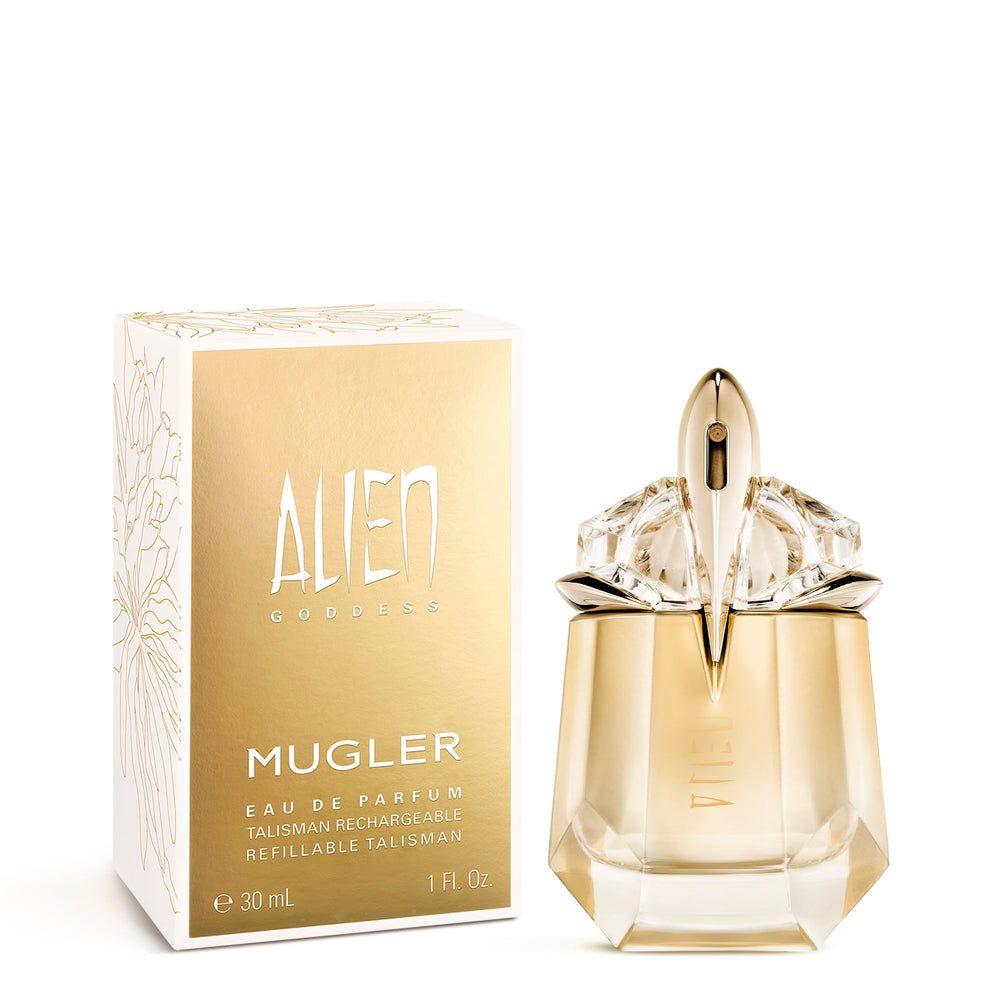 Mugler Alien Goddess EDP packaging closeup with elegant typography