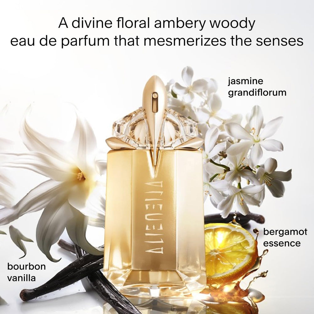 Mugler Alien Goddess spray-action shot hints at a long-lasting floral-woody aura.