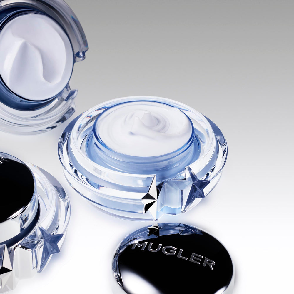Mugler Angel Body Cream packaging display, premium ritual at home