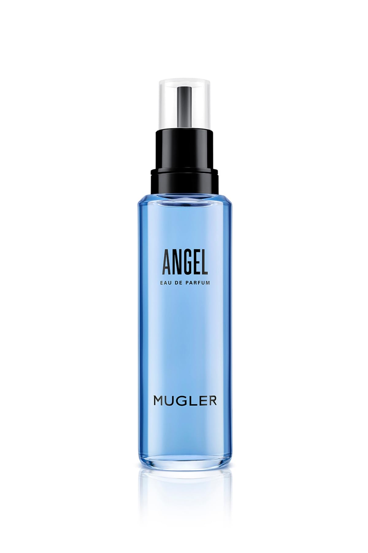 Mugler Angel refill bottle closeup highlighting sustainable luxury and reusability.