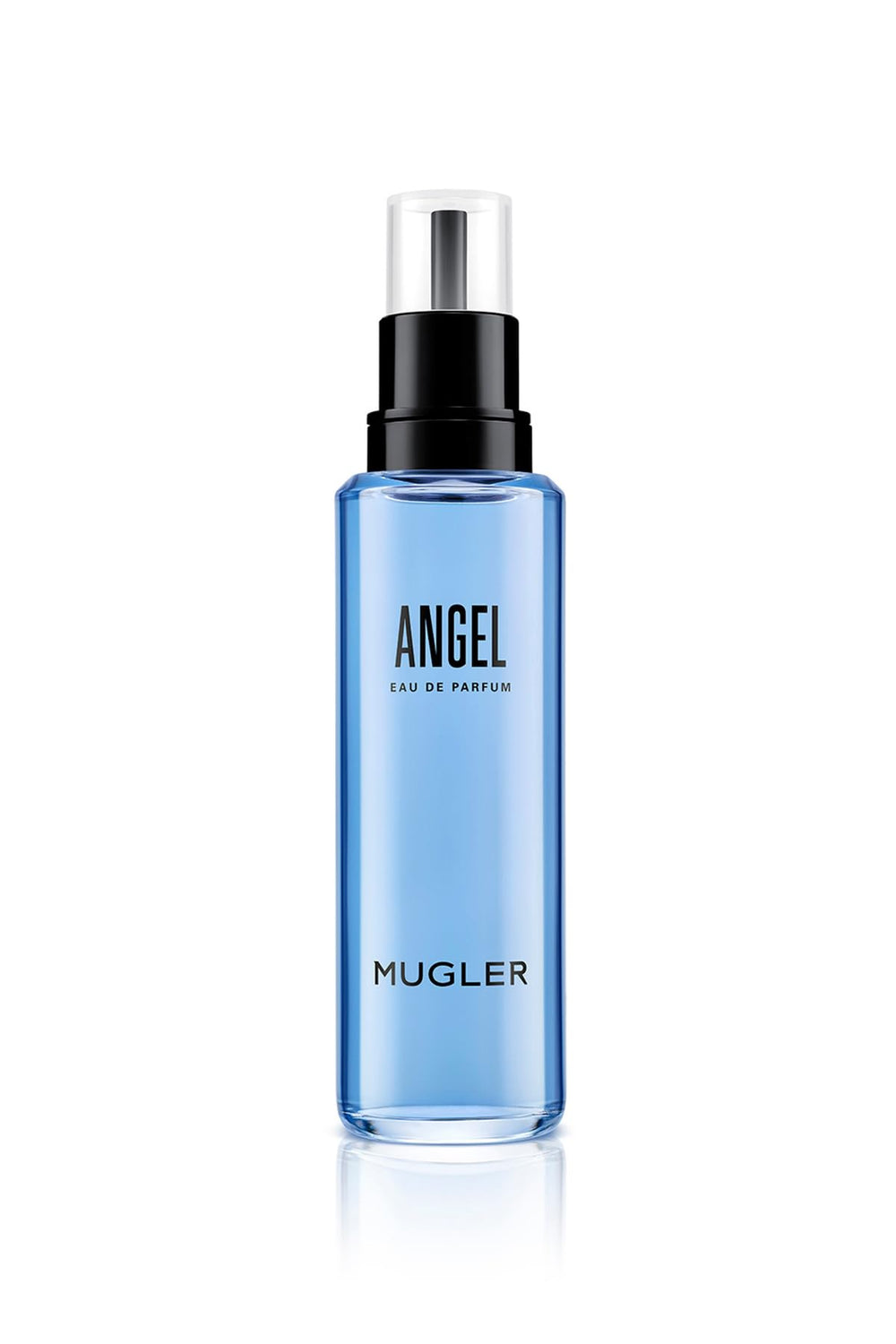 Mugler Angel refill bottle closeup highlighting sustainable luxury and reusability.