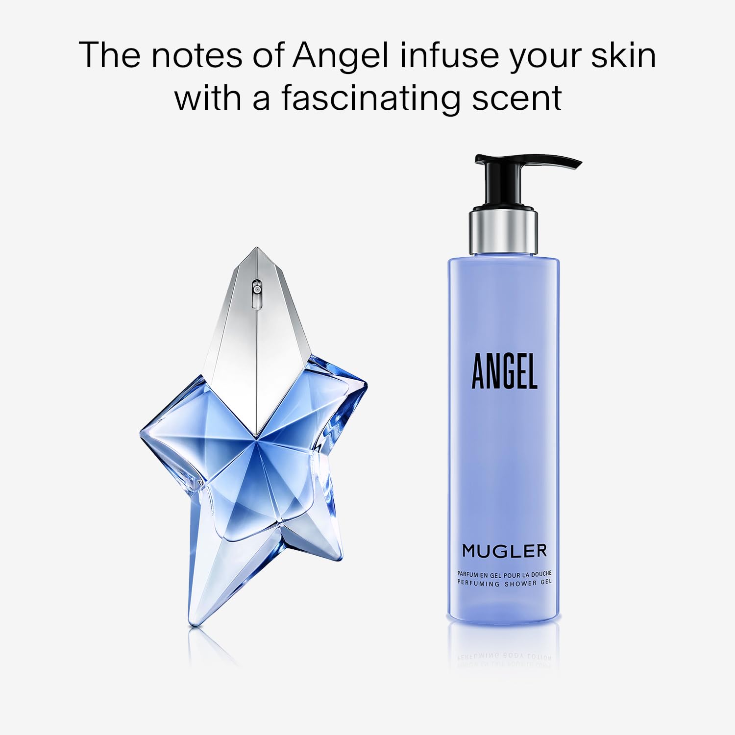 MUGLER Angel Shower Gel fragrance swirls evoke bergamot and praline for an indulgent wake-up.
