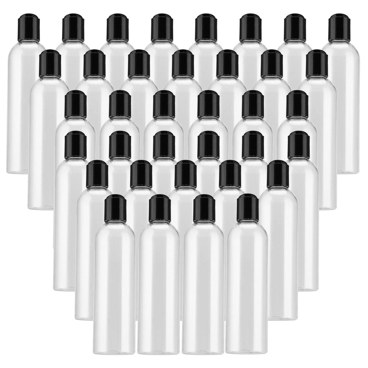 MUKLEI 40-pack 8oz bottles with disc top cap, travel-ready and reusable.