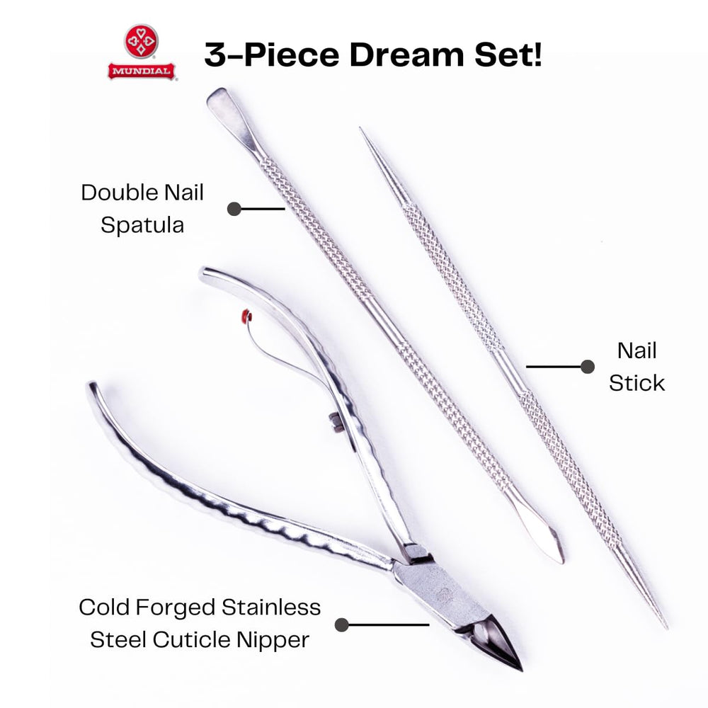 Mundial Nail Care duplex pusher closeup for safe cuticle prep.