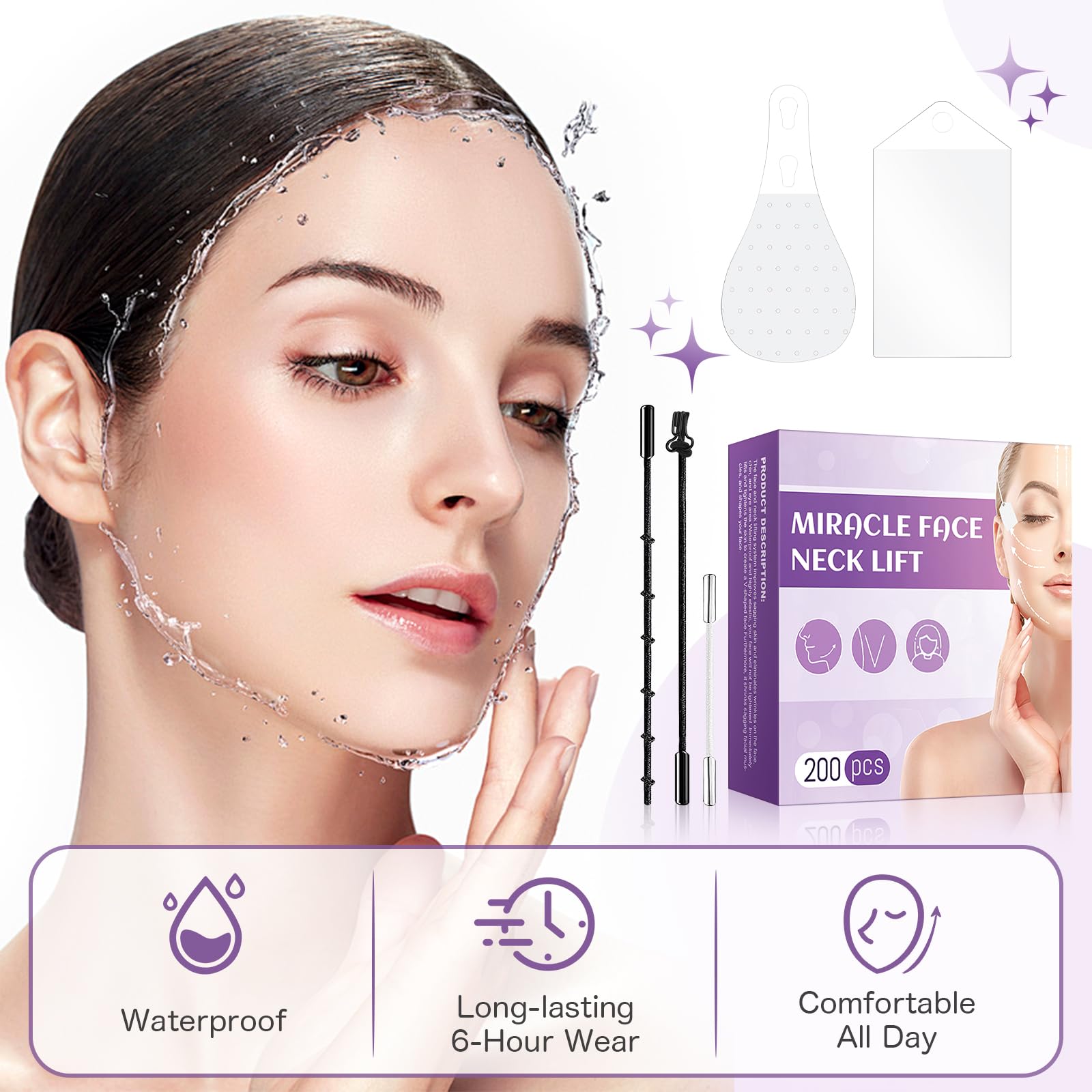 MUOCOBU tape on the jawline illustrates secure lift for a defined profile.