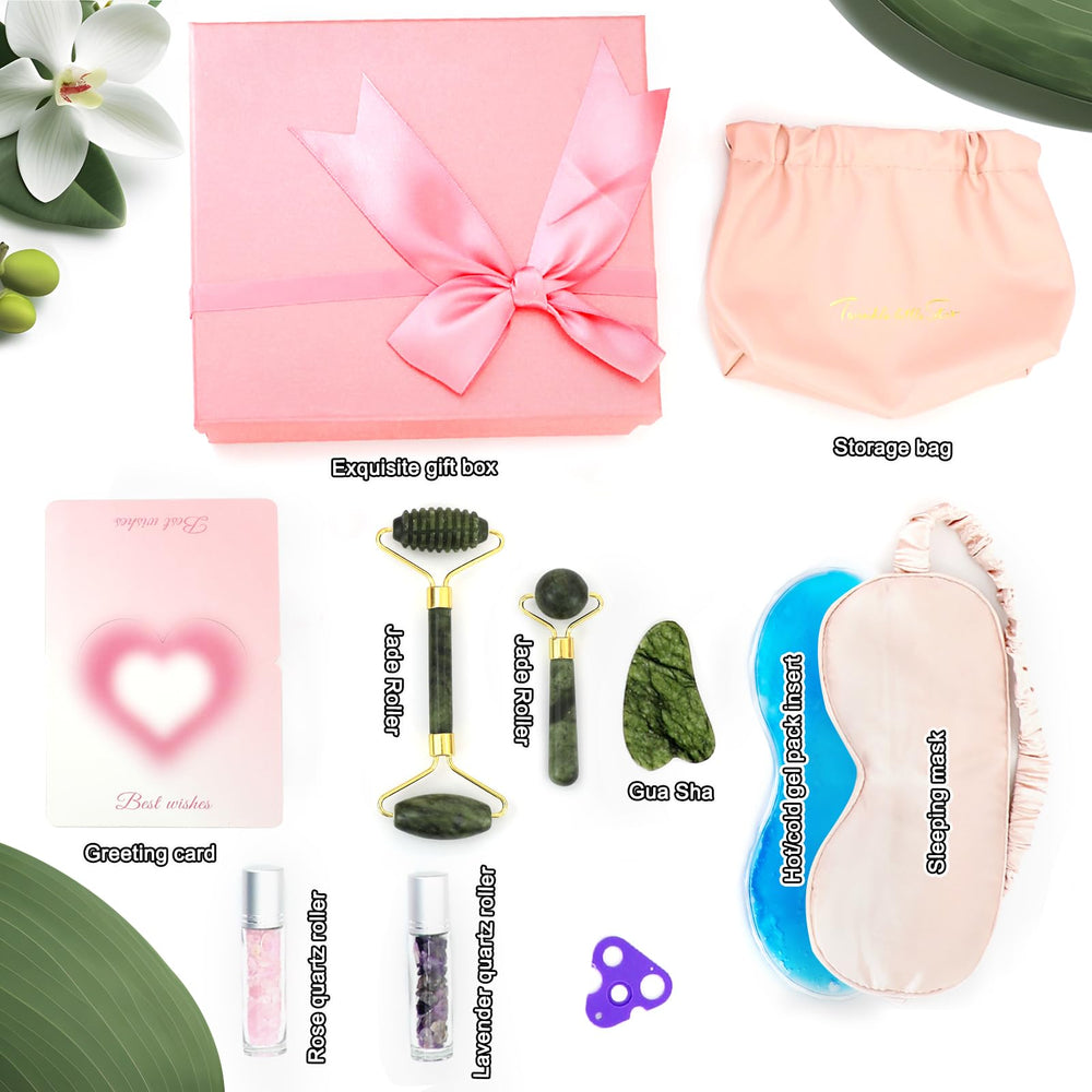 MUOUAKATE Gua Sha tool enhances facial contouring with cooling relief.