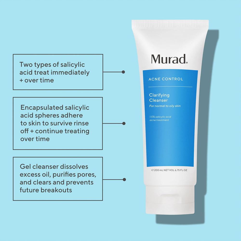 Murad Acne Control Clarifying Cleanser gel texture shown provides gentle exfoliation and deep cleansing