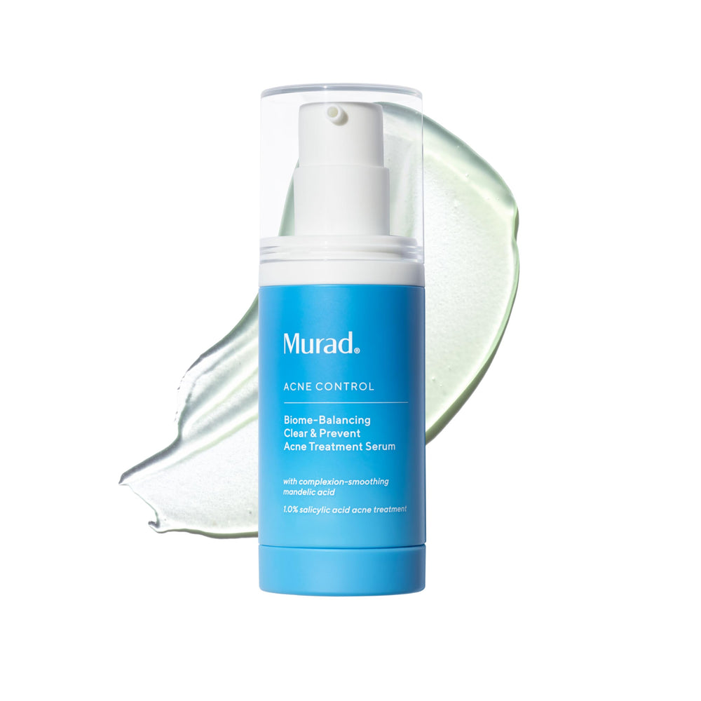 Murad Biome-Balancing Acne Serum bottle on shelf for daily clearer pores.