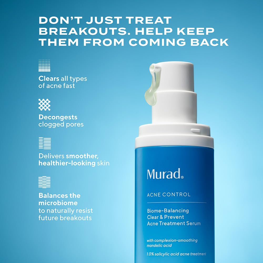 Murad Biome-Balancing Acne Serum label closeup highlights actives for clear pores.