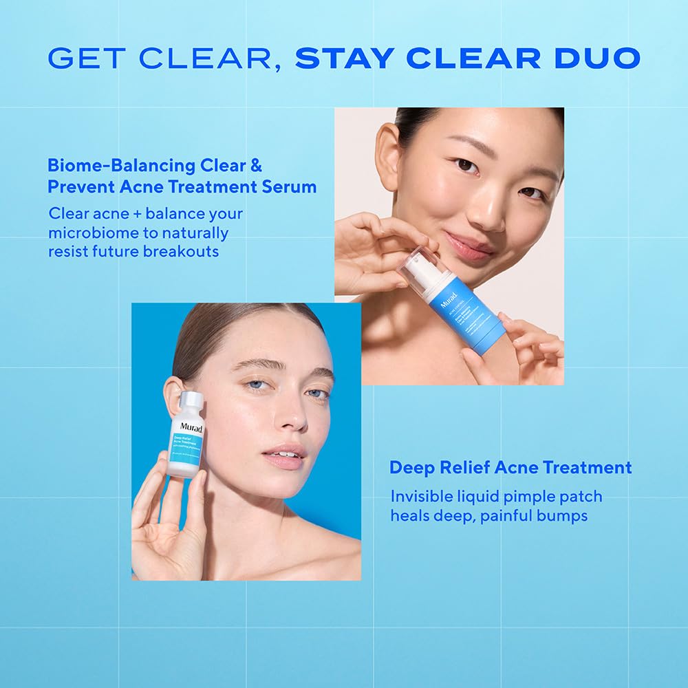 Lifestyle scene with Murad serum suggests adaptable regimen for acne-prone skin.