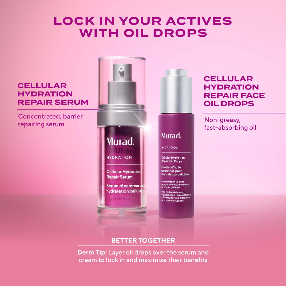 Murad Cellular Hydration Repair Oil Drops cheek texture shows glow and absorption.
