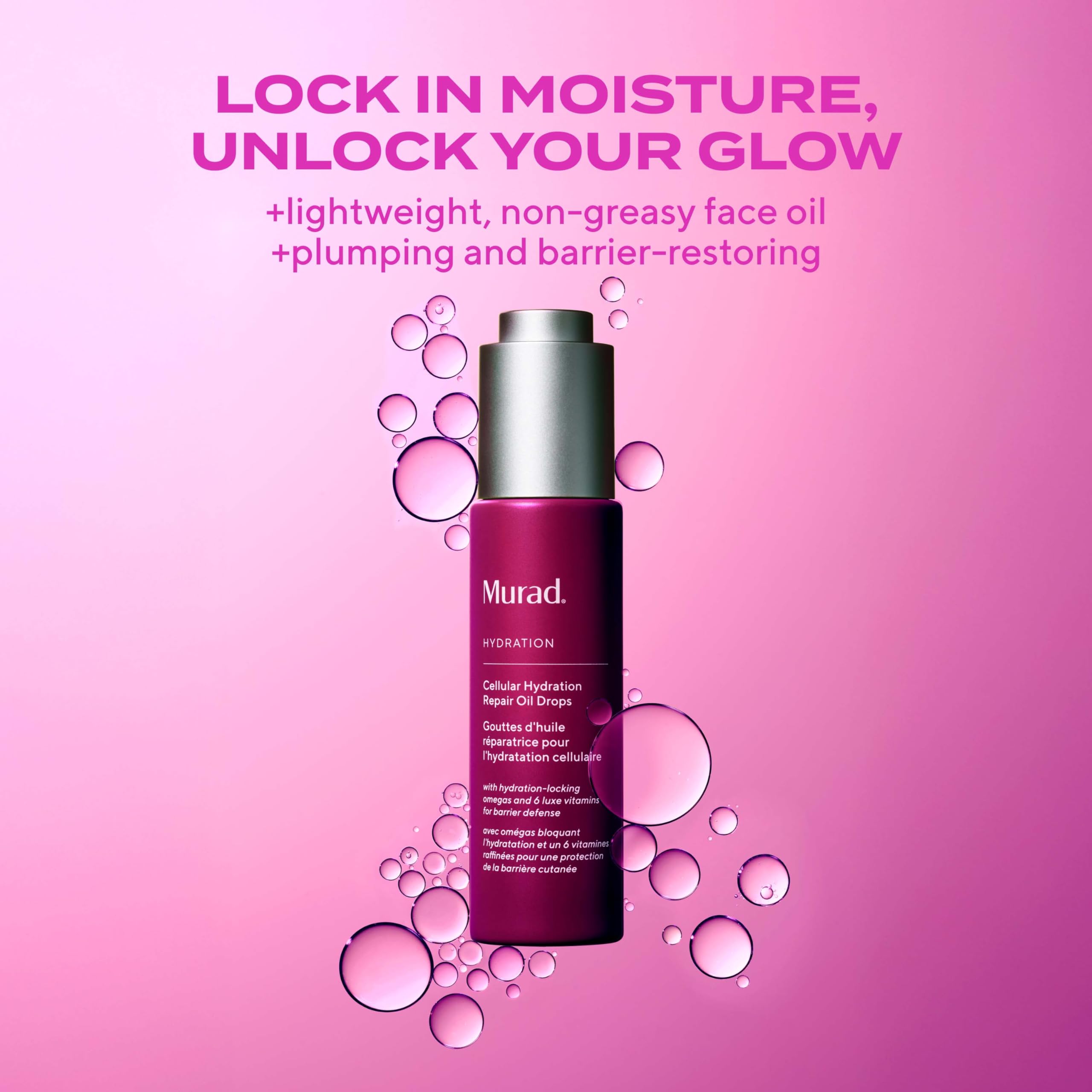 Murad Cellular Hydration Repair Oil Drops skin swatch demonstrates smoothing radiance.