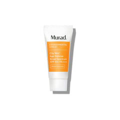 Murad City Skin Age Defense SPF 50 bottle closeup showing mineral sunscreen protection for daily wear.