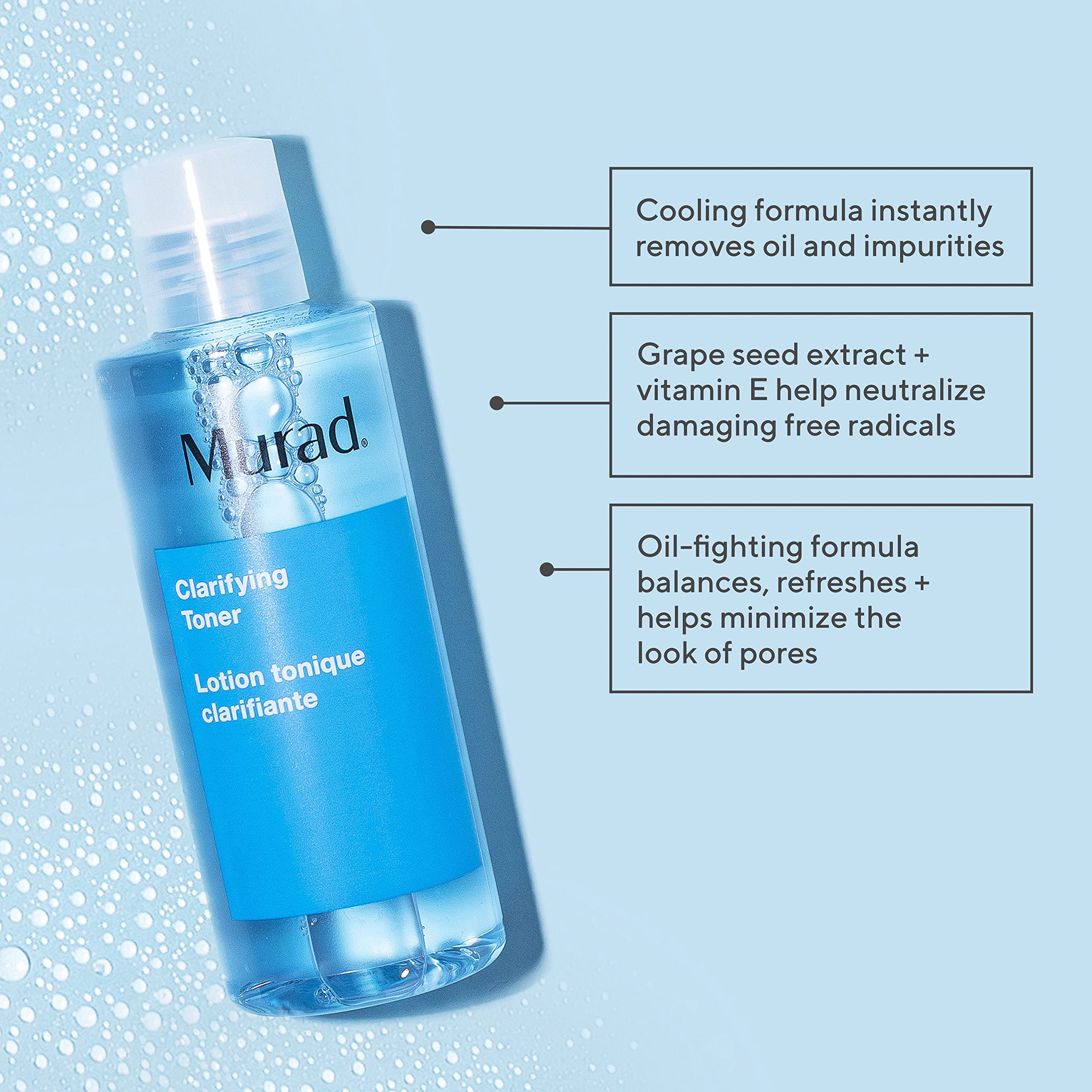 Murad Clarifying Toner ingredients image shows witch hazel and cucumber for soothing balance.