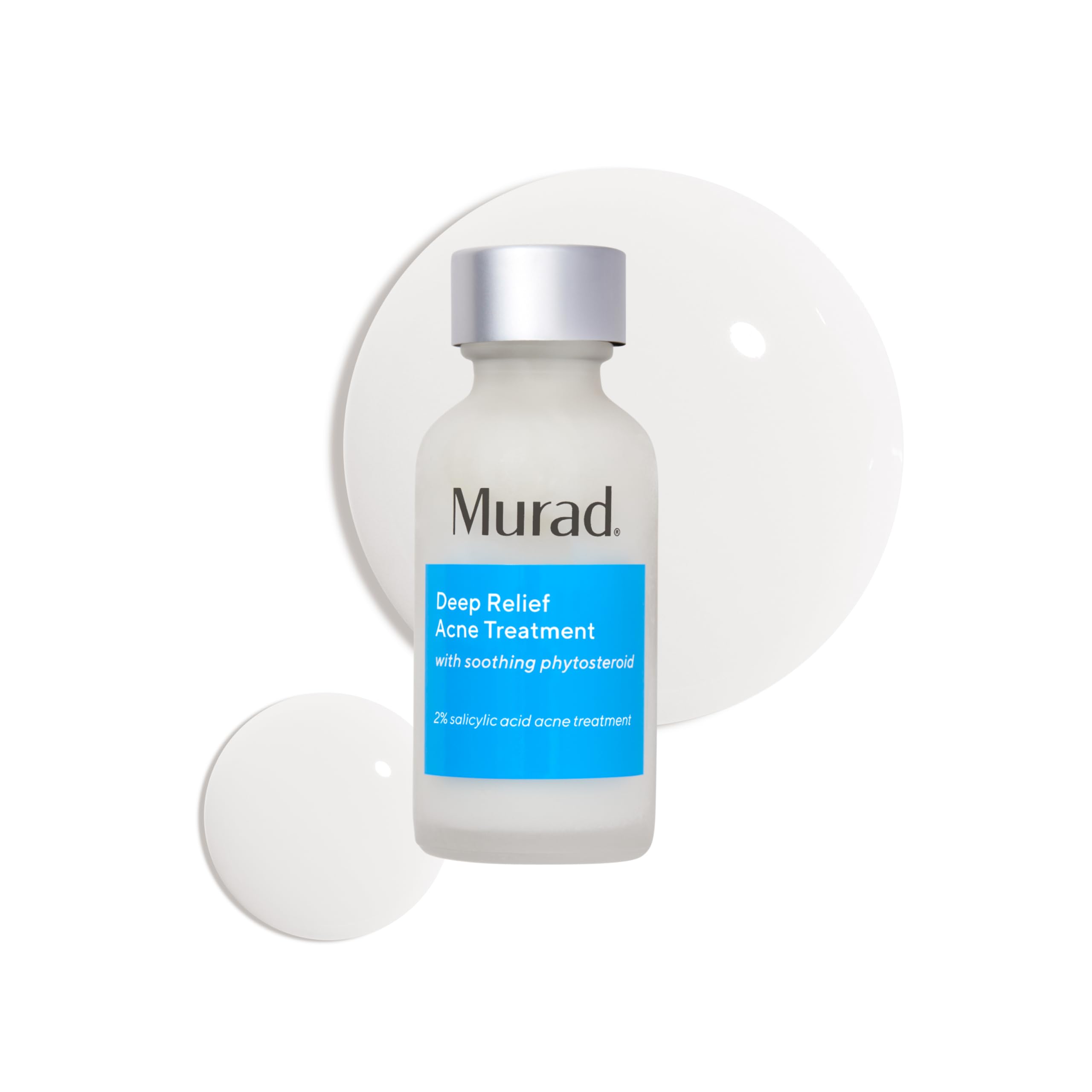 Murad Deep Relief acne-treatment bottle shows 2% salicylic acid for fast breakout relief.